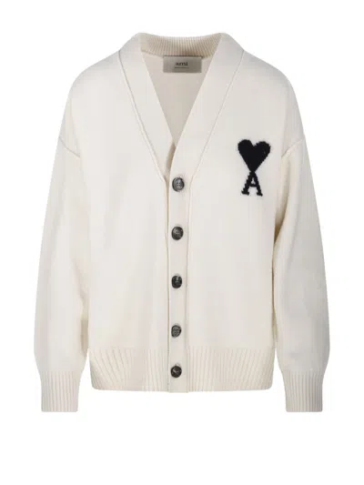 Ami Alexandre Mattiussi Ami V Neck Felted Merino Adc Cardigan In White
