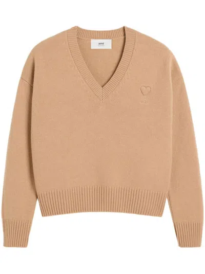 Ami Alexandre Mattiussi Ami V-neck Knit Sweater In Brown