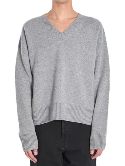 Ami Alexandre Mattiussi Ami V-neck Ribbed Sweater With Embroidered Logo In Gray