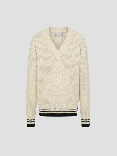 Ami Alexandre Mattiussi Ami V Neck Sweater In White Cream