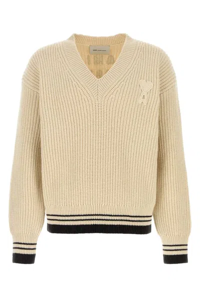Ami Alexandre Mattiussi Ami V Neck Sweater With Ami De Coeur And Ami Paris Pat In Neutral