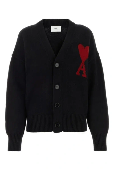 Ami Alexandre Mattiussi + Net Sustain Intarsia Merino Wool Cardigan In Black