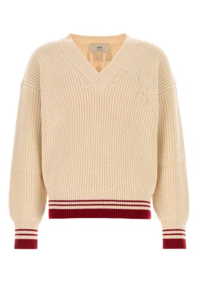 Ami Alexandre Mattiussi Ami Women Ribbed V Neck Sweater In Whitecream