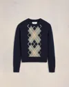 Ami Alexandre Mattiussi Blue Crewneck Sweater With Argyle Motif In Wool And Cashmere Man In Navy/ Green Aqua/ Nude