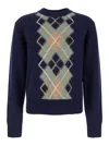 AMI ALEXANDRE MATTIUSSI BLUE CREWNECK SWEATER WITH ARGYLE MOTIF IN WOOL AND CASHMERE MAN