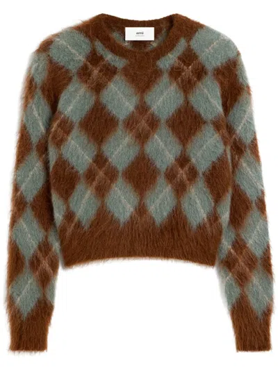 AMI ALEXANDRE MATTIUSSI ARGYLE WOOL BLEND BRUSHED SWEATER