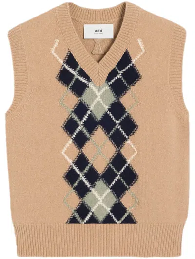 Ami Alexandre Mattiussi Argyle Wool-cashmere Blend Sleeveless Jumper In Nude/ Navy/ Green Aqua