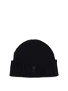 Ami Alexandre Mattiussi Ami Paris Men Black Ribbed Knit Beanie With Logo Embroidery On The Front In Wool Man