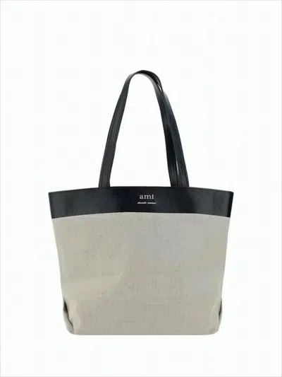 Ami Alexandre Mattiussi Beige Canvas Tote Bag With Black Leather Trim In White