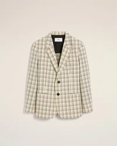 AMI ALEXANDRE MATTIUSSI BEIGE CHECKED WOOL SEMI-LINED JACKET WHITE