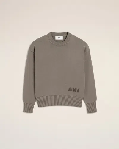 Ami Alexandre Mattiussi Beige Cotton Ami Embroidered Crewneck Sweater Grey In Ash