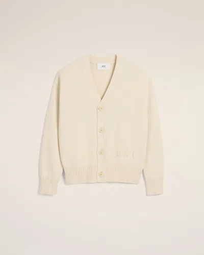 Ami Alexandre Mattiussi Beige Cotton Wool Ami Embroidered Cardigan White In White Cream