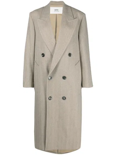 Ami Alexandre Mattiussi Double-breasted Herringboned Long Coat In Beige