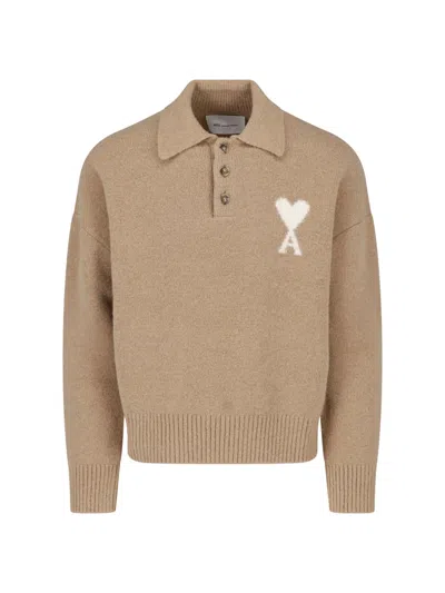 Ami Alexandre Mattiussi Beige Wool Blend Cardigan With Classic Collar And Intarsia Logo In Multi