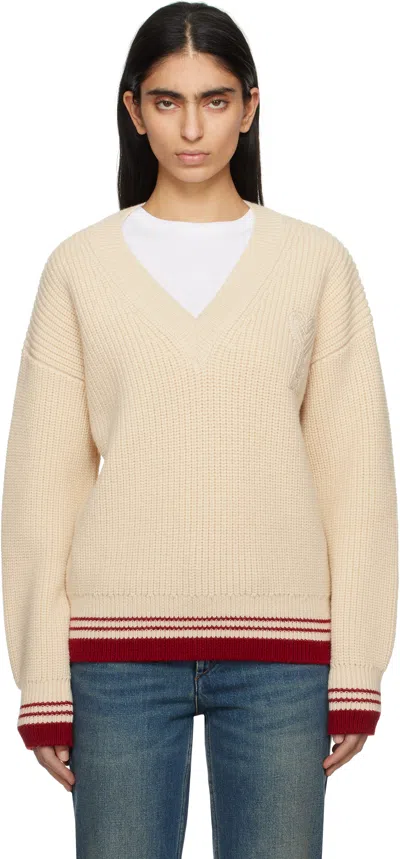 Ami Alexandre Mattiussi Beige Wool Ribbed V Neck Sweater In White Cream