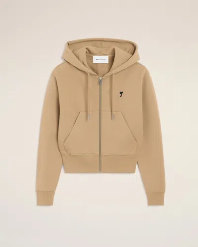 Ami Alexandre Mattiussi Beige Zipped Cotton Hoodie With Ami De Coeur Beige In Mastic Beige/ Black