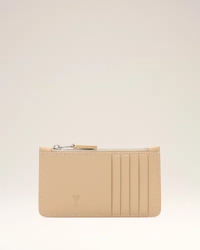 Ami Alexandre Mattiussi Beige Zipped Cowhide Leather Card Holder With Ami De Coeur Beige In Mastic Beige