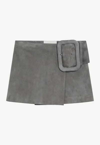 Ami Alexandre Mattiussi Ami Paris Grey Suede Mini Skirt With Large Buckle Belt In Gray