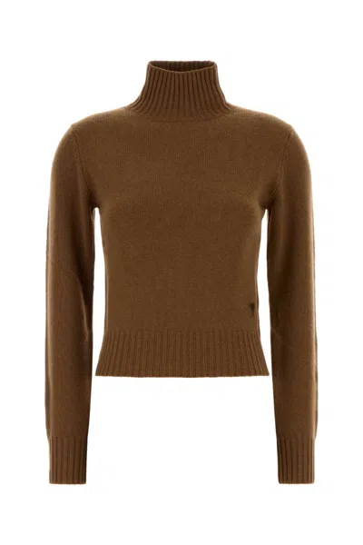 Ami Alexandre Mattiussi Biscuit Highneck Sweater In Brown