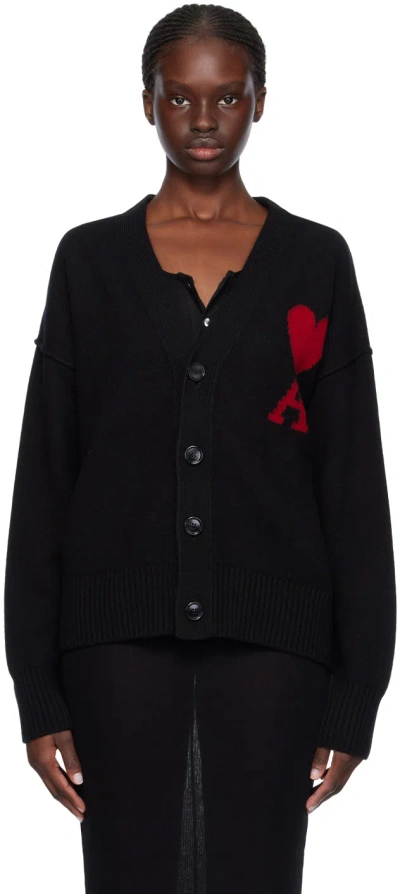 Ami Alexandre Mattiussi Cardigan In Lana Con Logo Jacquard In Black/red/009