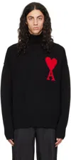 Ami Alexandre Mattiussi Ami Paris Funnel-neck Sweater With Heart Intarsia Design In Black/red/009
