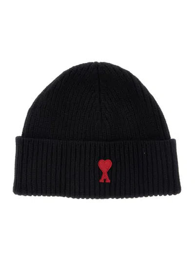 AMI ALEXANDRE MATTIUSSI BLACK BEANIE WITH TURN-UP BRIM AND ADC EMBROIDERY ON THE FRONT IN WOOL MAN