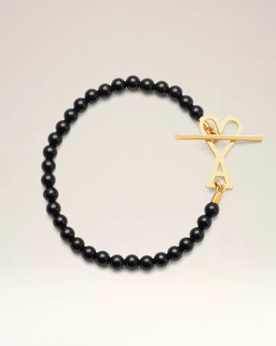 Ami Alexandre Mattiussi Heart Clasp Beaded Bracelet In Black