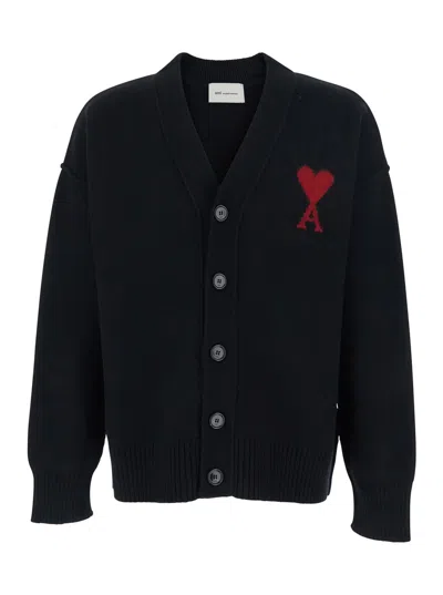 Ami Alexandre Mattiussi Quota -cardigan With Contrasted Ami De Coeur In Black