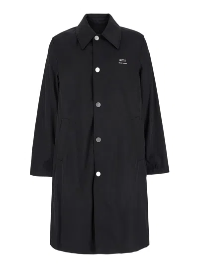 AMI ALEXANDRE MATTIUSSI BLACK COAT WITH CLASSIC COLLAR AND FRONT BUTTON CLOSURE IN COTTON BLEND MAN