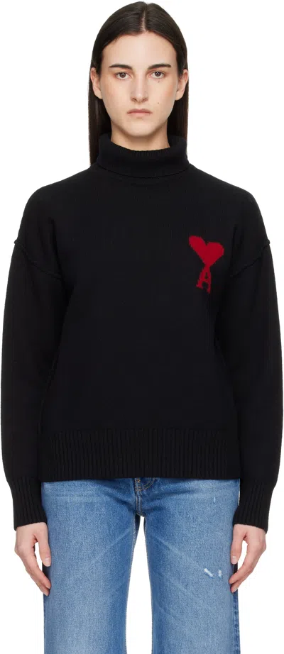 Ami Alexandre Mattiussi Ami Paris Funnel-neck Sweater With Heart Intarsia Design In Black