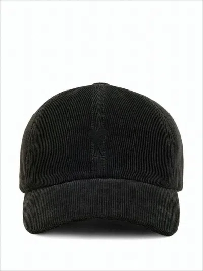 AMI ALEXANDRE MATTIUSSI BLACK CORDUROY BASEBALL CAP WITH EMBROIDERED HEART DETAIL