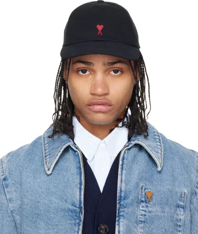 Ami Alexandre Mattiussi Black Cotton Ami De Coeur Embroidery Cap In Pattern