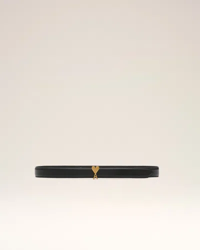 Ami Alexandre Mattiussi Black Cowhide Leather Belt 25mm With Ami De Coeur Buckle Black In Black/vibrated Brass
