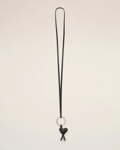 Ami Alexandre Mattiussi Black Cowhide Leather Keyring With Ami De Coeur Black In Black/ivory