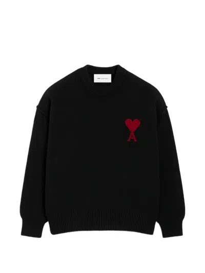 Ami Alexandre Mattiussi Black Crew Neck Wool Sweater With Ami De Coeur