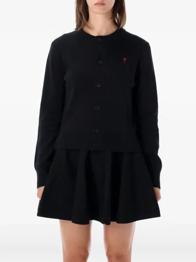 Ami Alexandre Mattiussi Ami Paris Wool V-neck Cardigan With Ami Of Caur Embroidered Logo In Marine Red