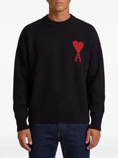 Ami Alexandre Mattiussi Black Crewneck Wool Sweater With Ami De Coeur