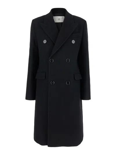 AMI ALEXANDRE MATTIUSSI BLACK DOUBLE-BREASTED COAT WITH PEAK REVERS IN WOOL WOMAN