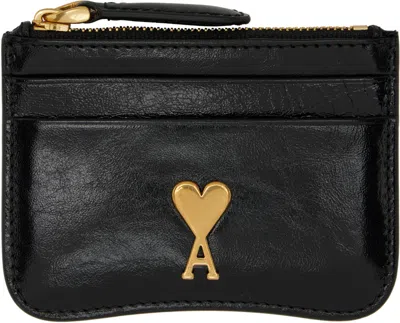 Ami Alexandre Mattiussi Black Leather Paris Paris Zipped Card Holder In Wool Gabardine Black