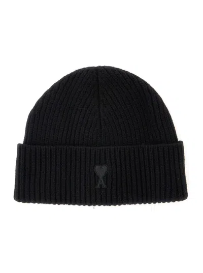AMI ALEXANDRE MATTIUSSI BLACK LOGO BEANIE HAT