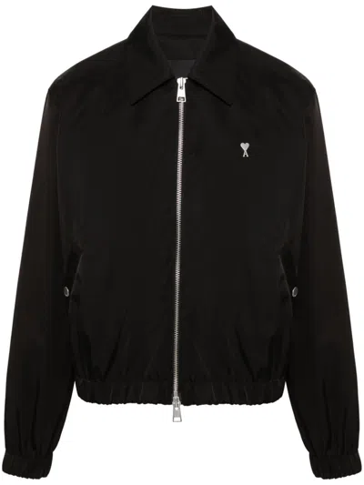 Ami Alexandre Mattiussi Black Nylon And Cotton Jacket With Metal Heart Detail In Burgundy