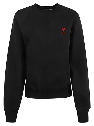 Ami Alexandre Mattiussi Black Organic Cotton Sweatshirt With Embroidered Logo And Ribbed Details For Women
