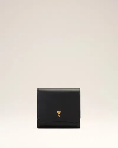 Ami Alexandre Mattiussi Black Paris Paris Cowhide Leather Compact Wallet Black In Black/vibrated Brass
