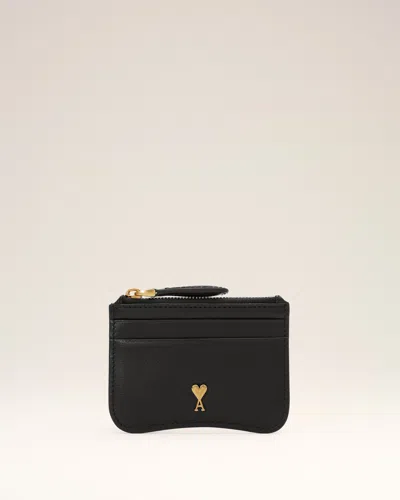 Ami Alexandre Mattiussi Compact Calfskin Leather Cardholder With Zip Closure In Black