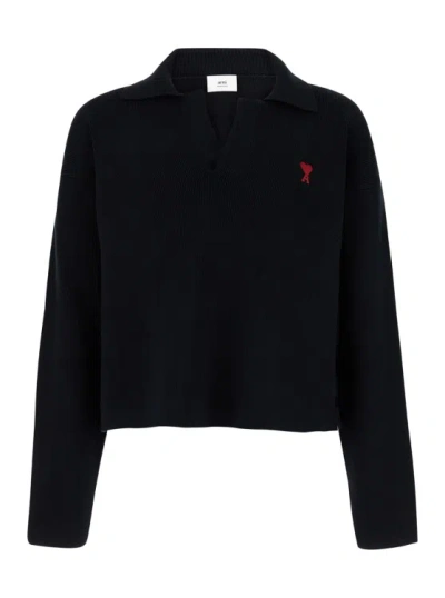 Ami Alexandre Mattiussi Black Polo Sweater With Embroidered Ami De Coeur Logo In Cotton Woman