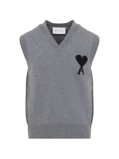Ami Alexandre Mattiussi Black Sleeveless Wool Sweater With Ami De Coeur In Grey