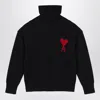 Ami Alexandre Mattiussi Relaxed Fit Black Wool Turtleneck Sweater With Graphic Heart Motif In Black