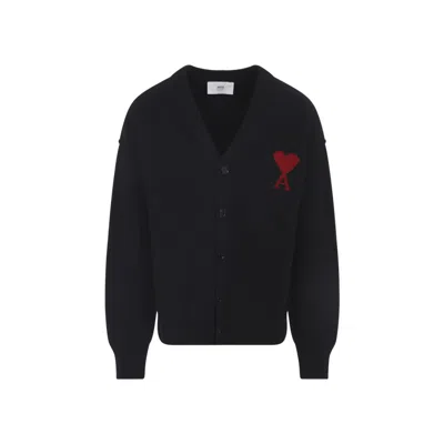 AMI ALEXANDRE MATTIUSSI BLACK V-NECK LOGO CARDIGAN