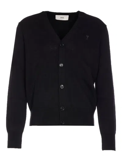 Ami Alexandre Mattiussi Black V-neck Embroidered Emblem Wool Cardigan