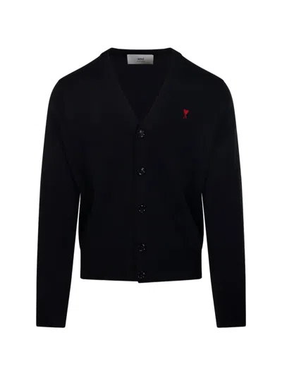 Ami Alexandre Mattiussi Black V-neck Wool Cardigan With Ami De Coeur